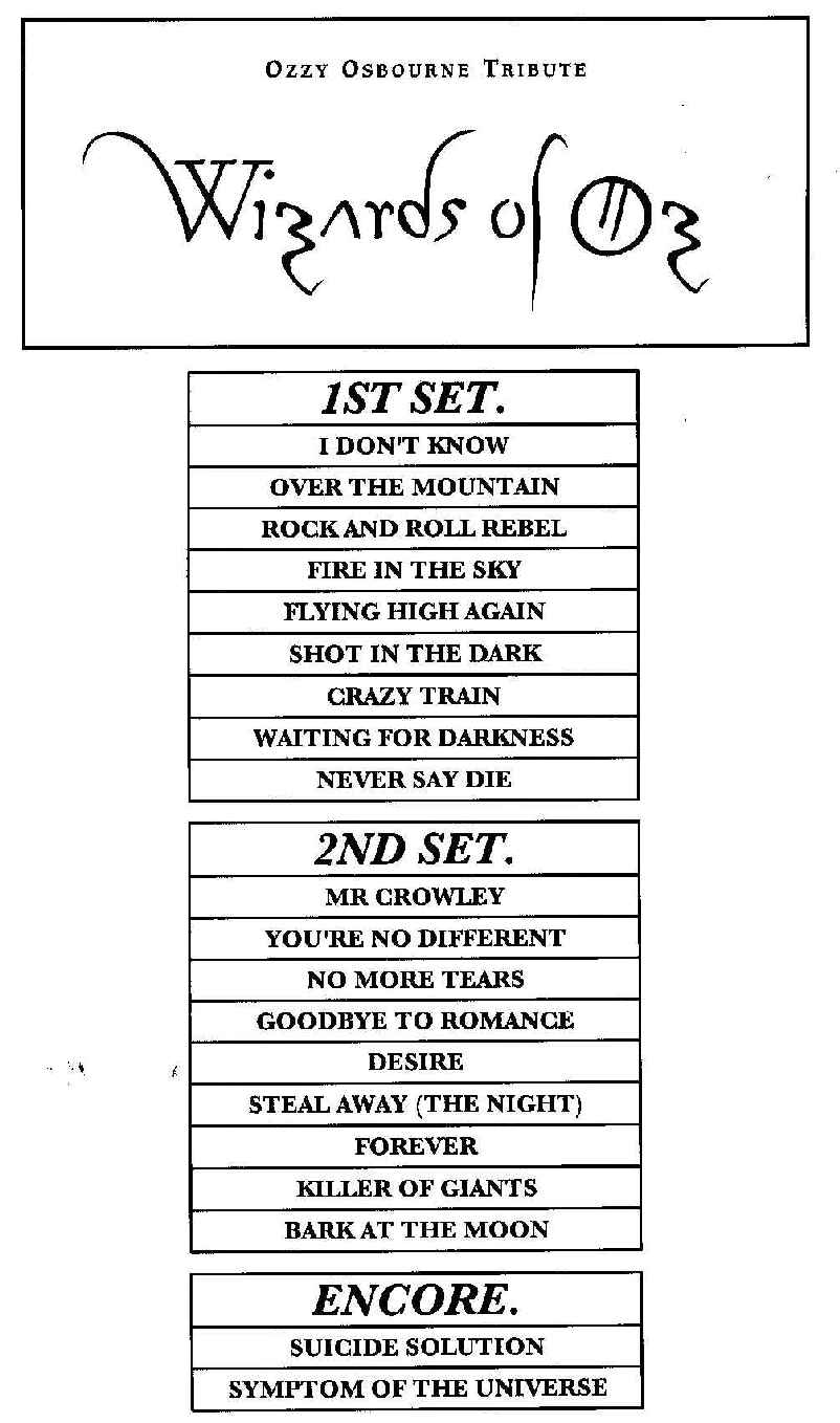 WIZARDS OF OZ Set List